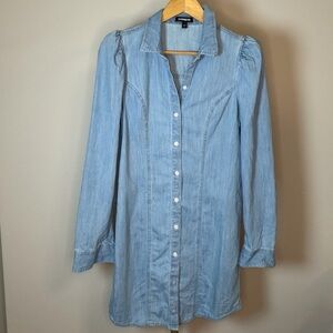 Express Light Wash Denim Puff Sleeve Button Down Shirt Size S